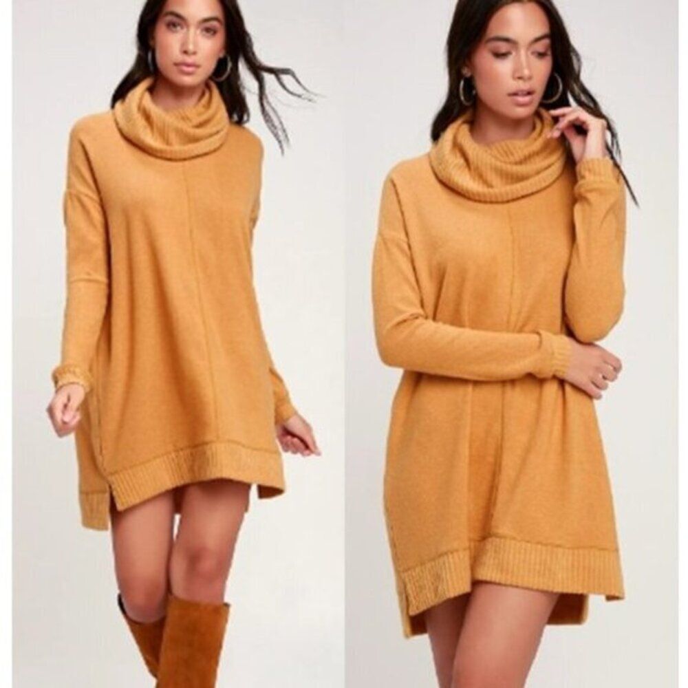 Lulu's Women's Cowl Neck Super Soft High Low Sweater Dress Winter Brown Small